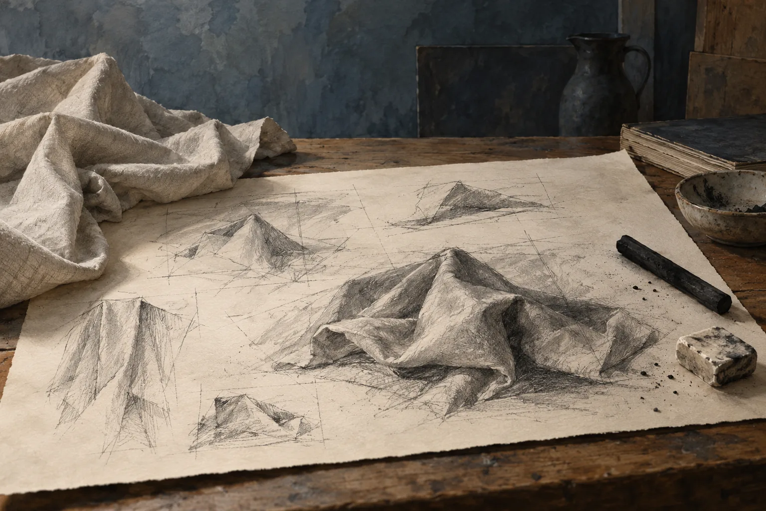 Editorial graphite and watercolor study of imagined charcoal drawings of folded cloth, not a copy of an Albertina artwork.