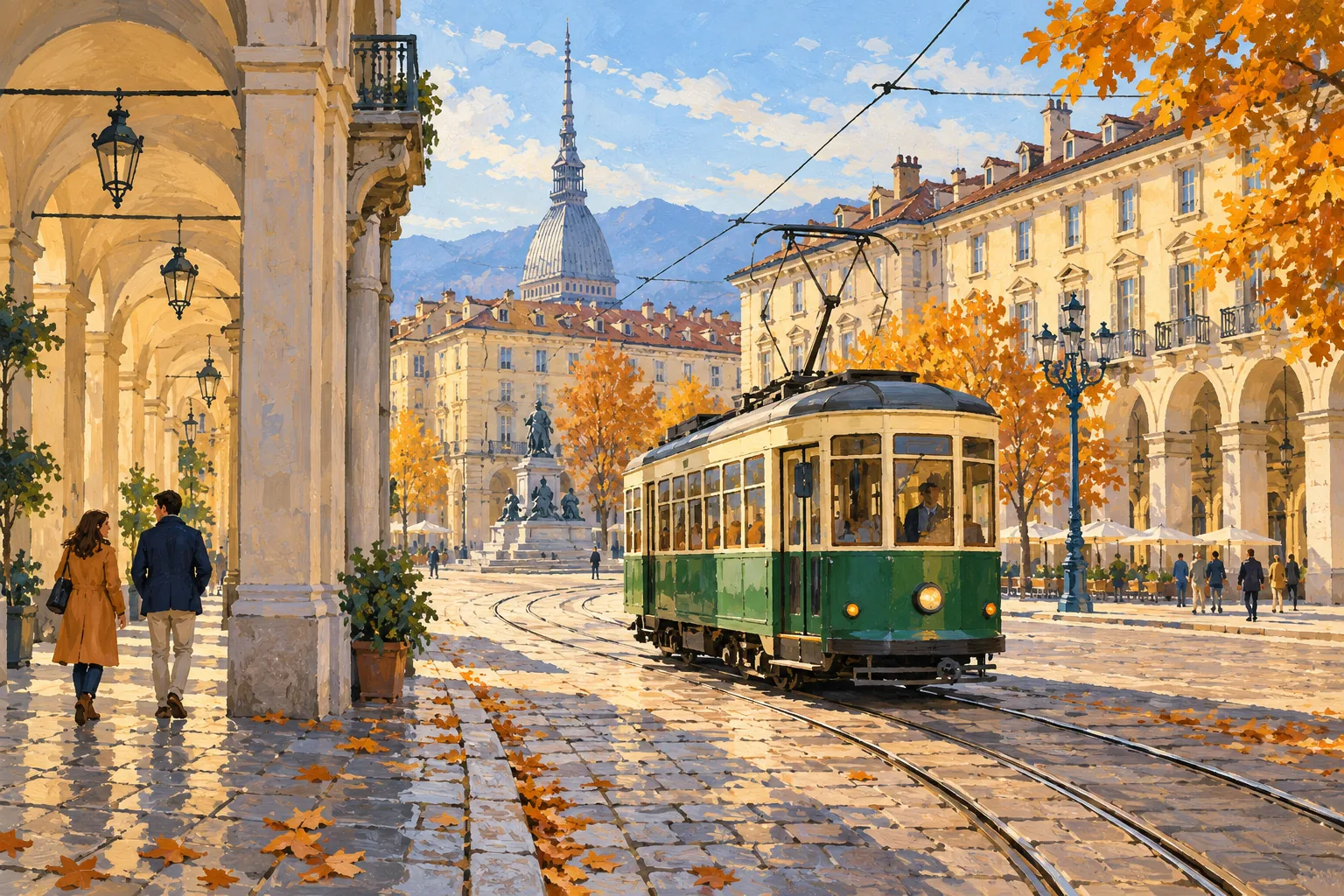 Editorial gouache of an imagined historic tram in a Turin-inspired square, not a precise Line 7 vehicle or route reconstruction.
