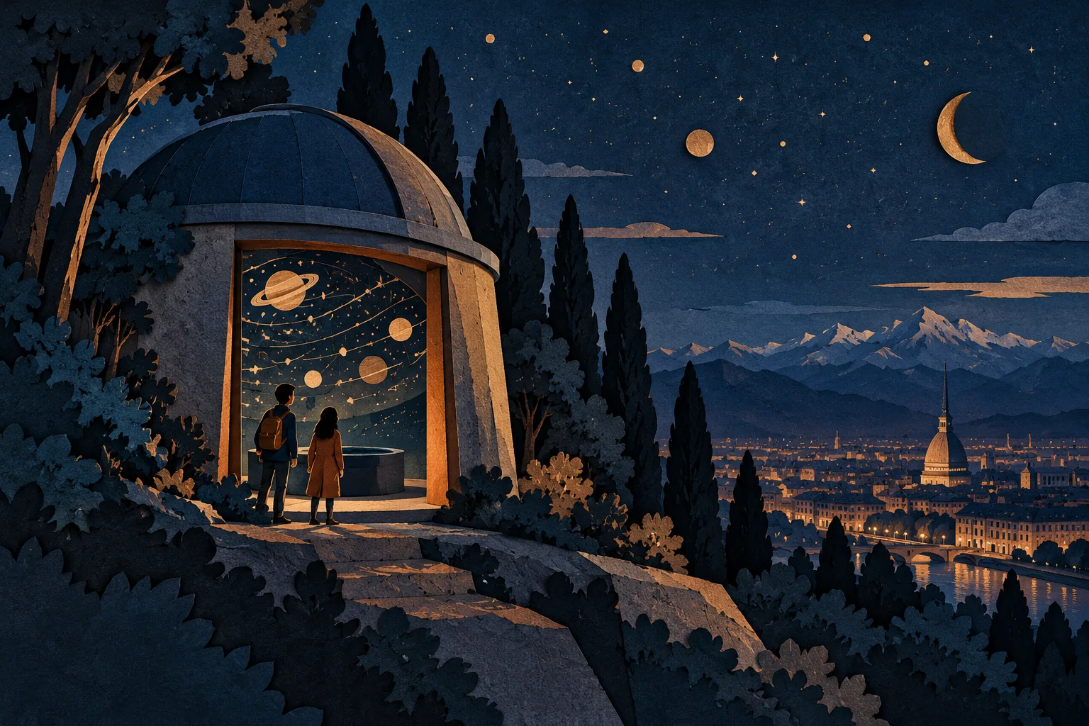 Editorial cut-paper illustration of an imagined hilltop planetarium and star projections, not an actual Infini.to building or a factual sky map.