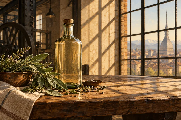 Editorial gouache of an unlabelled bottle and herbs in an imagined Turin factory interior, not an actual Carpano display or production recipe.