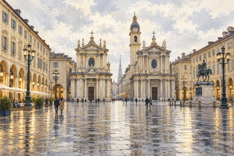Illustration of a Turin square with elegant arcades, baroque church facades and wet stone paving