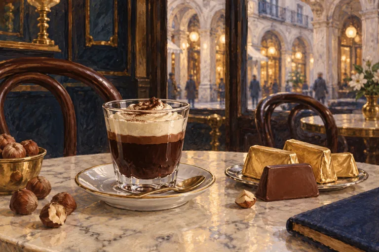 Illustration of a layered chocolate and coffee drink, gianduiotto chocolates and hazelnuts on a café table