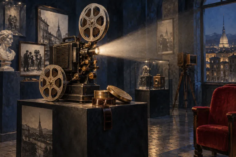 Illustration of a vintage film projector and reels in a dramatic museum setting