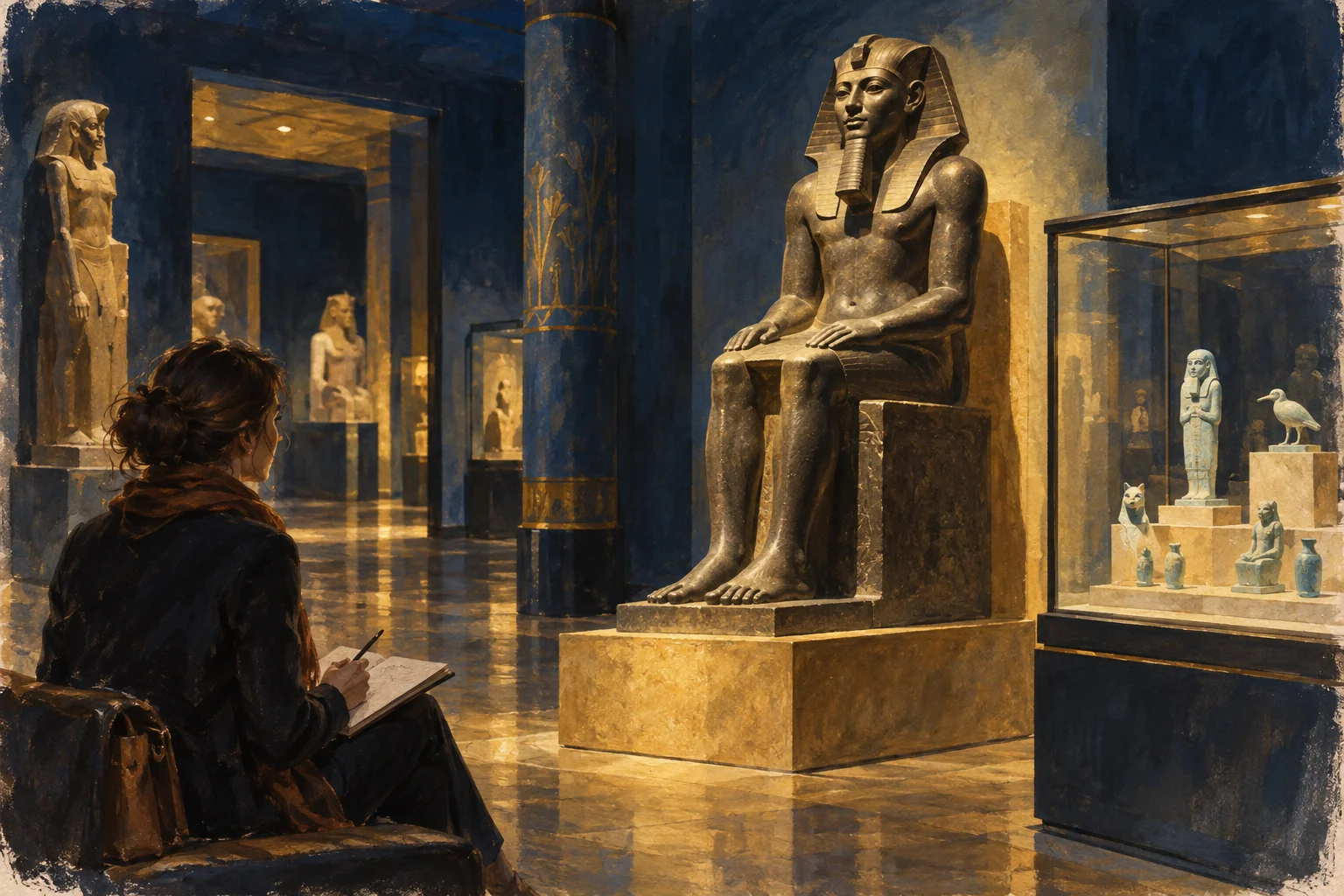 Museum-inspired illustration of Egyptian sculptures and small objects in a softly lit gallery