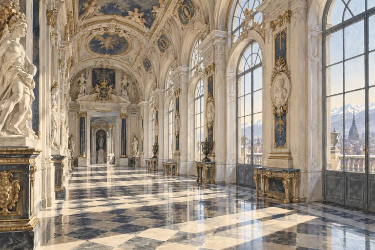 Architectural illustration of a pale Baroque gallery inspired by Piedmont’s royal residences