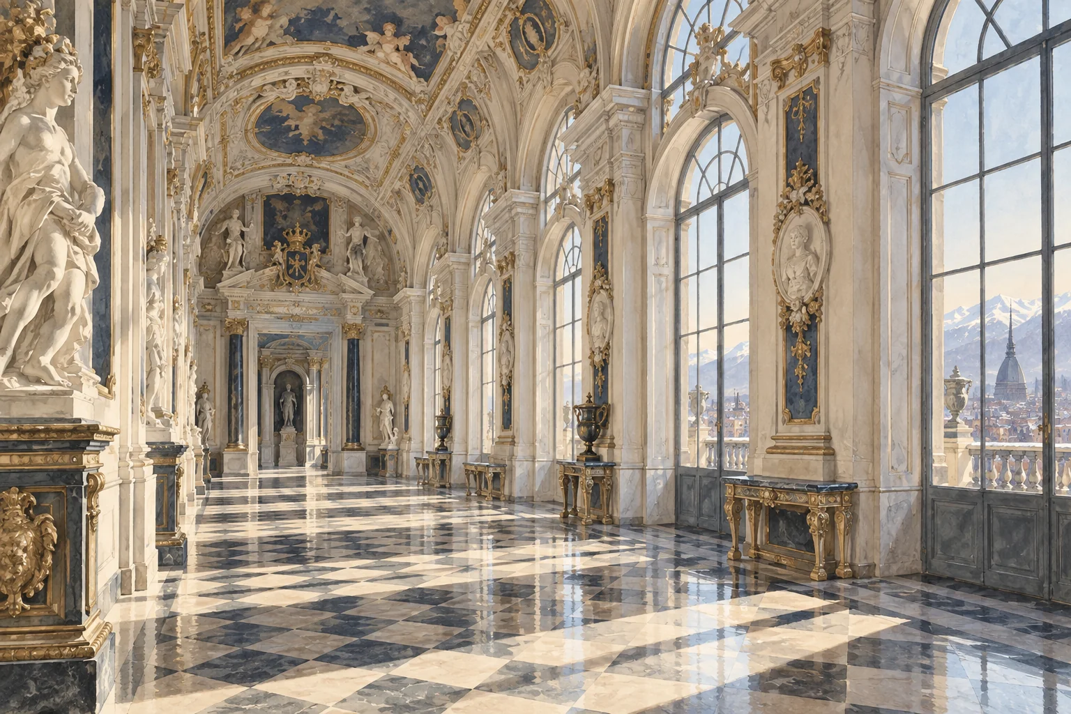 Architectural illustration of a pale Baroque gallery inspired by Piedmont’s royal residences