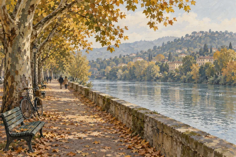 Illustration of a tree-lined River Po path with benches, a bicycle and autumn leaves