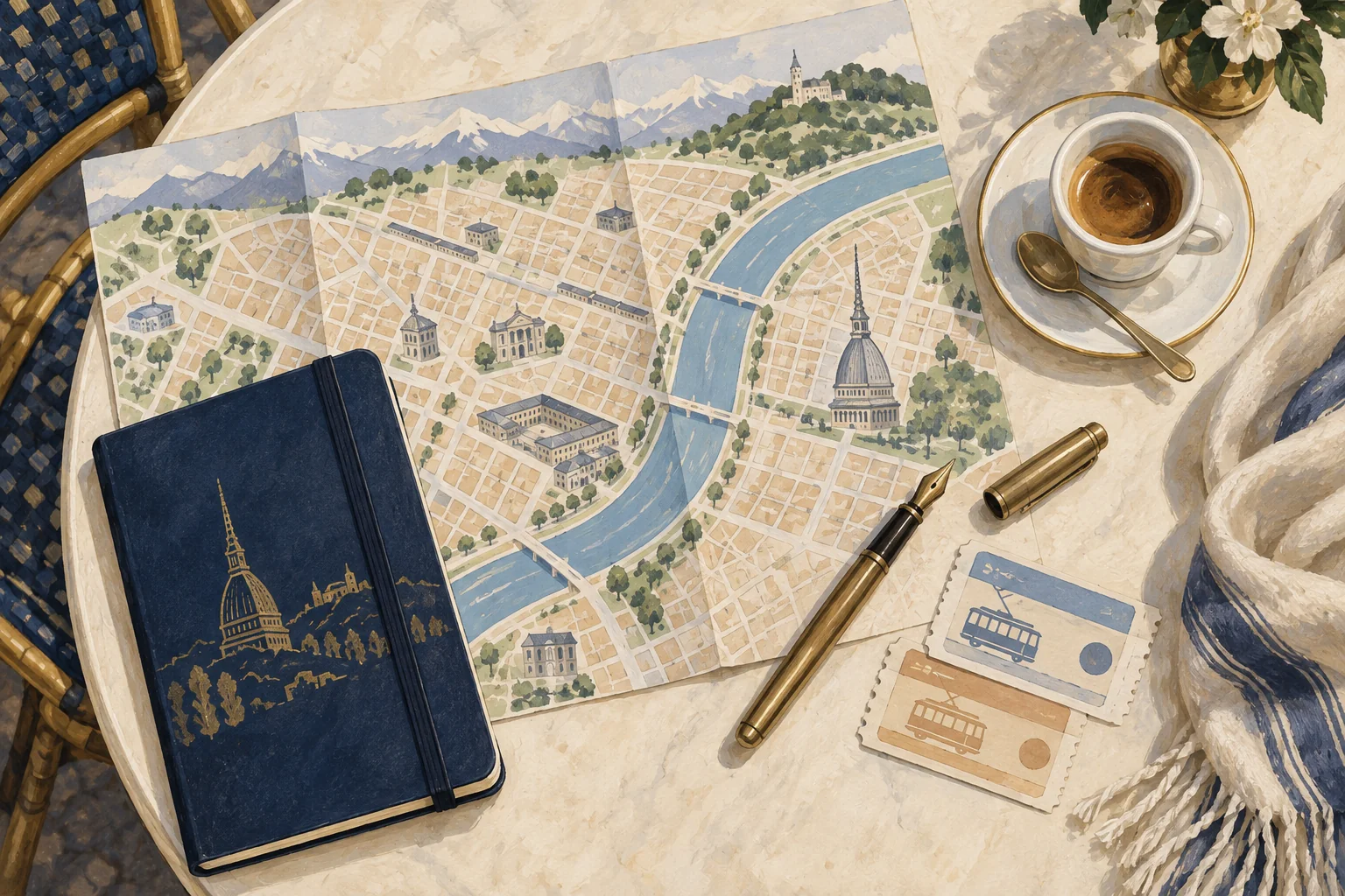 A map, espresso and notebook for planning a Turin day