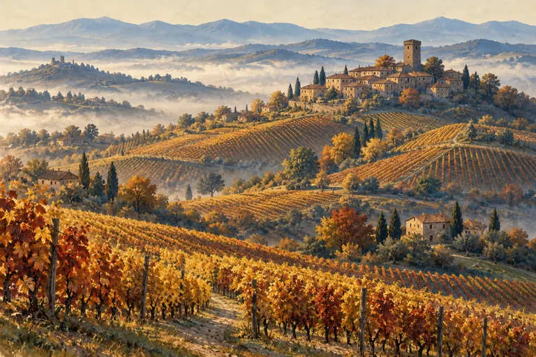 Illustration of autumn vineyard rows, a hilltop village and morning mist in Piedmont