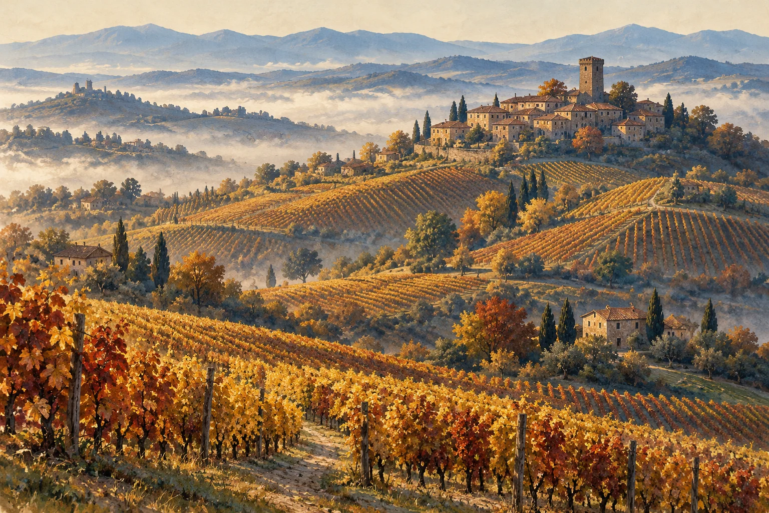 Illustration of autumn vineyard rows, a hilltop village and morning mist in Piedmont