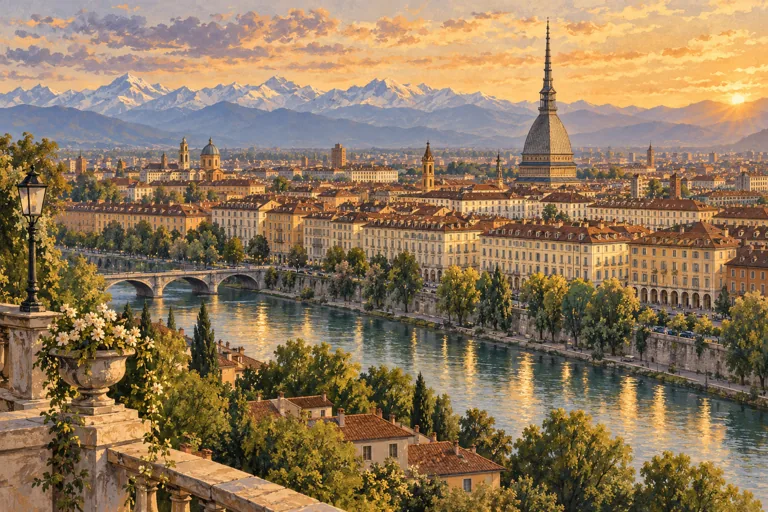 Illustration of Turin rooftops, the Mole Antonelliana and the River Po beneath distant Alpine peaks