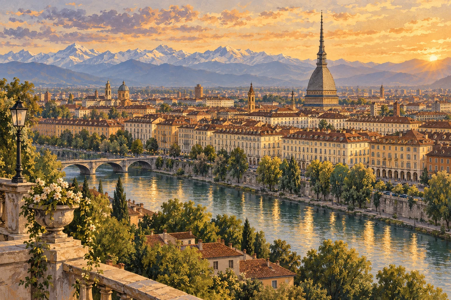 Illustration of Turin rooftops, the Mole Antonelliana and the River Po beneath distant Alpine peaks