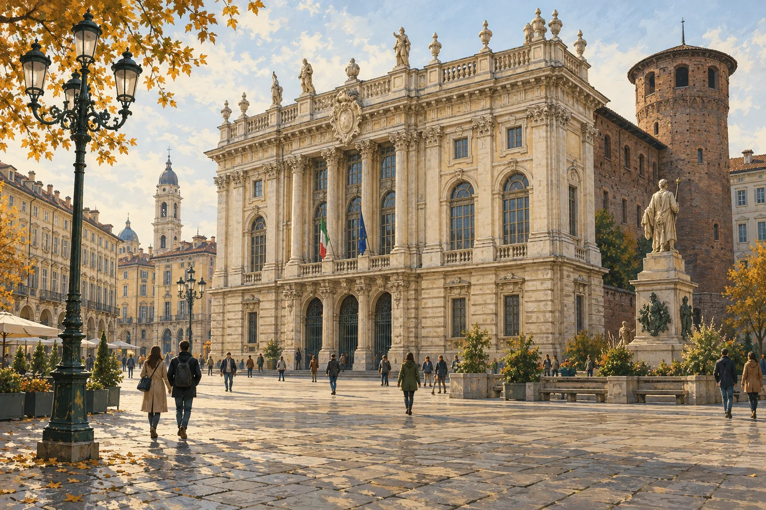 Illustration inspired by Palazzo Madama in Turin, with a pale Baroque facade, a medieval brick tower and autumn walkers.