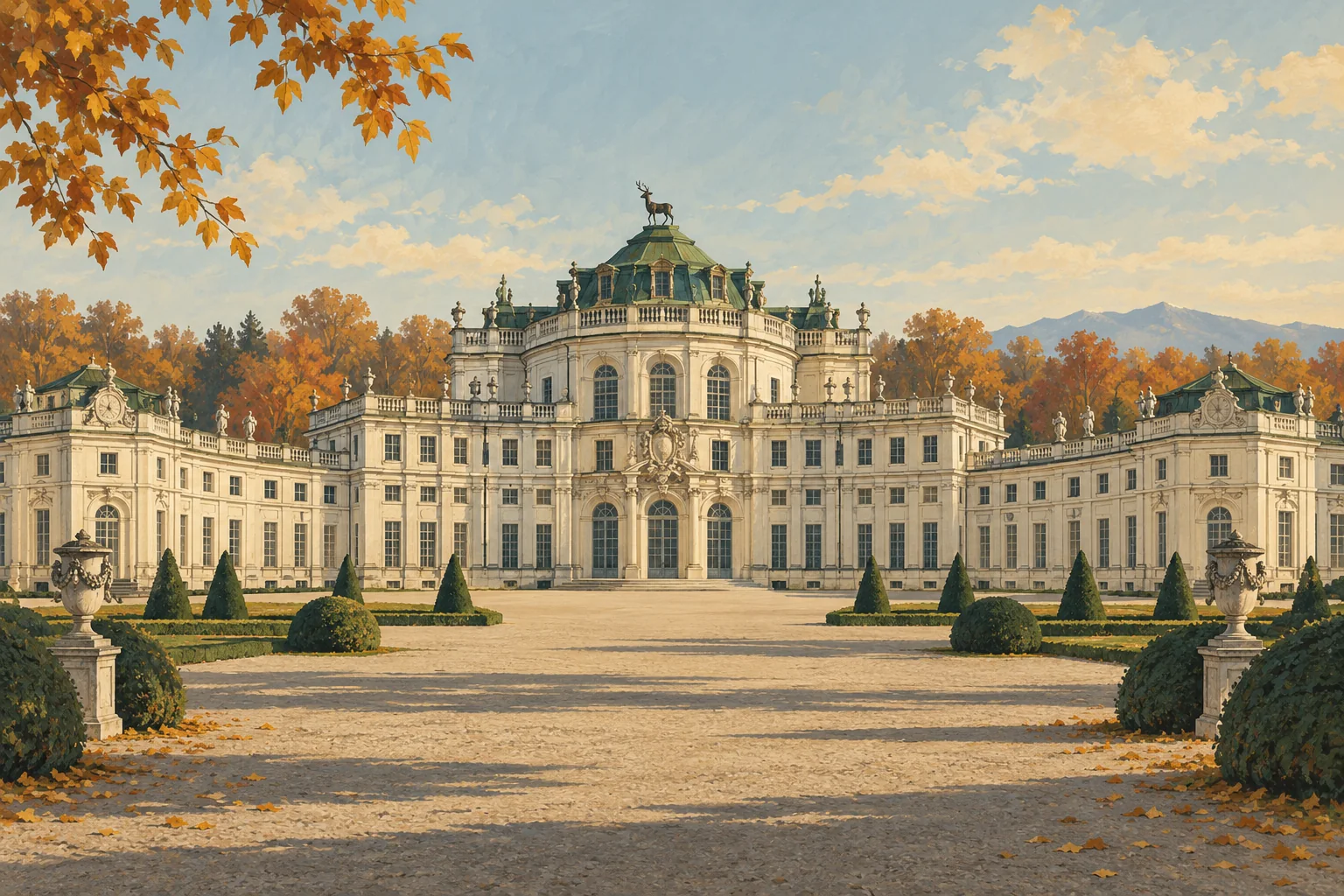 Architectural illustration inspired by Stupinigi’s pale hunting palace, central dome and deer silhouette in autumn light.