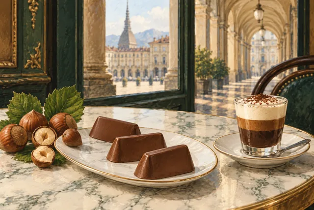 Illustration of gianduiotti, hazelnuts and a layered chocolate-and-coffee drink on a cafe table with Turin-inspired arcades beyond.