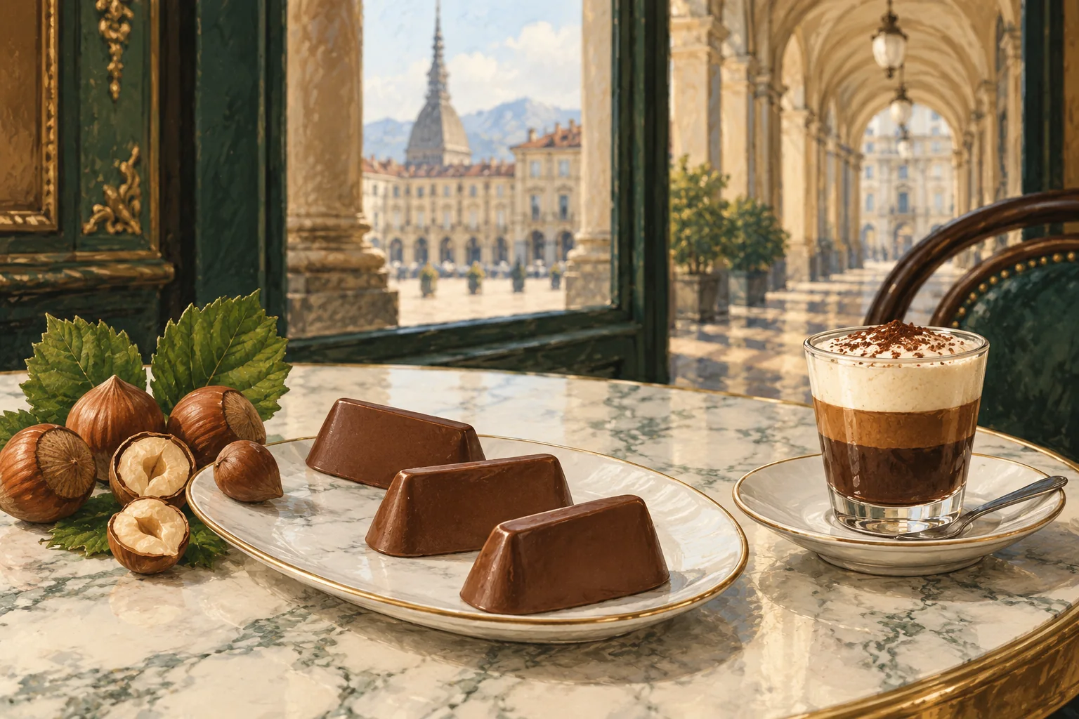 Illustration of gianduiotti, hazelnuts and a layered chocolate-and-coffee drink on a cafe table with Turin-inspired arcades beyond.