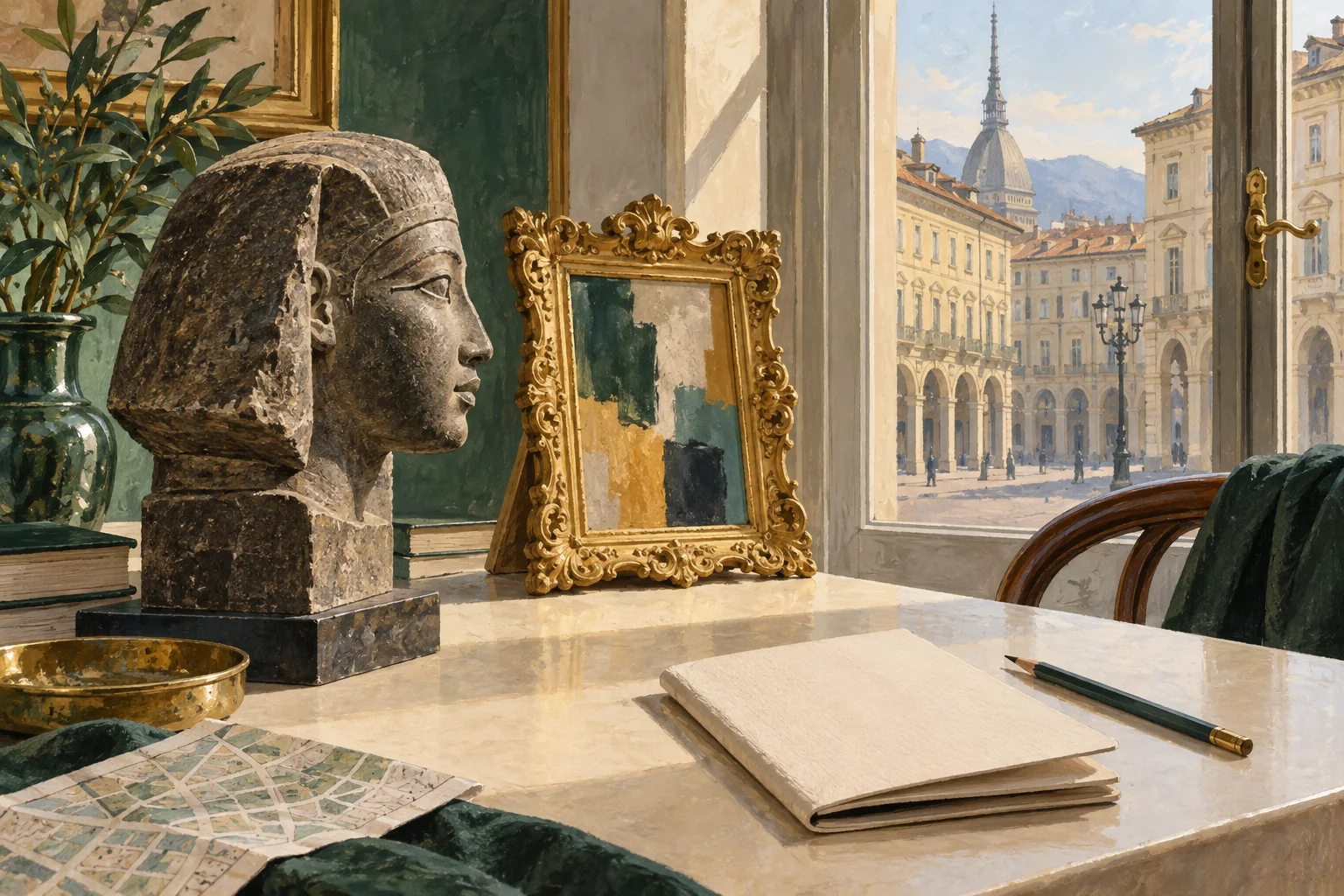 Editorial illustration pairing an Egyptian-style stone head, gilded frame and notebook with a Turin-inspired street beyond a window.