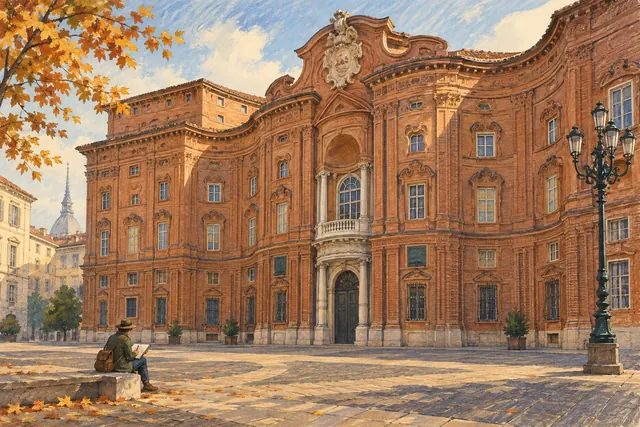 Interpretive illustration of a visitor sketching a curved red-brick Baroque palace facade inspired by Piazza Carignano in Turin.