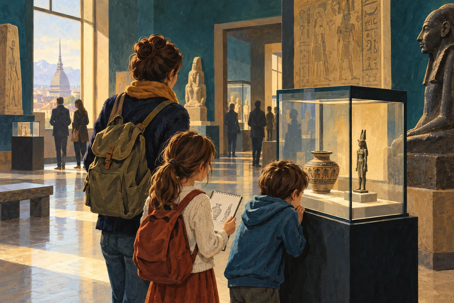 Conceptual editorial illustration of a parent and two children looking at Egyptian-style objects in a Turin-inspired museum gallery.