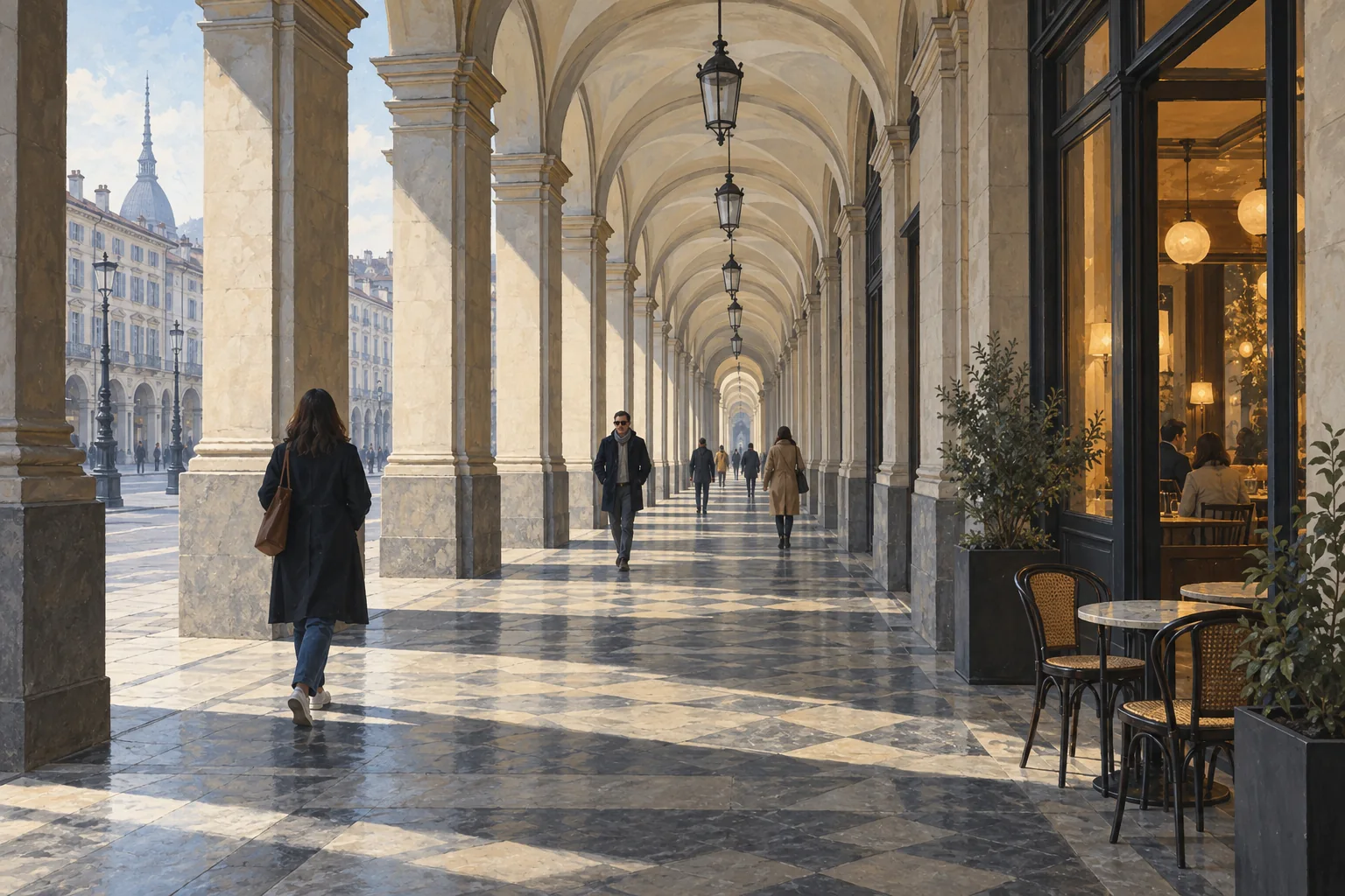 Interpretive illustration of pedestrians, repeated stone pillars and a café beneath a Turin-inspired vaulted arcade.