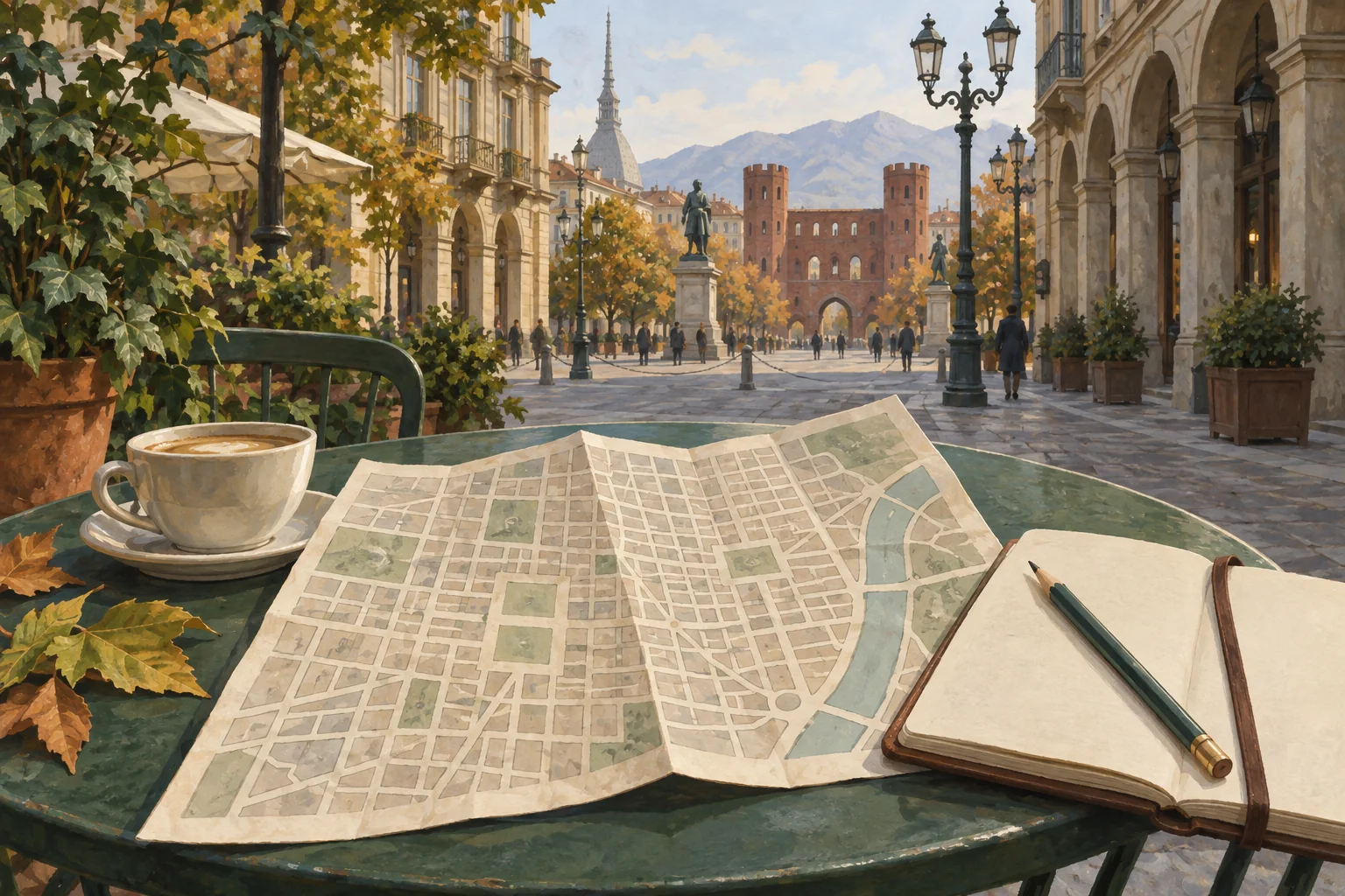 Conceptual illustration of an unlabeled grid map and notebook on a table before a Turin-inspired streetscape.