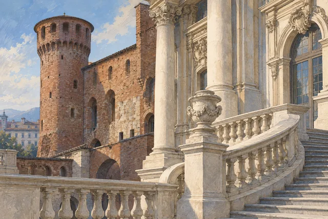 Conceptual architectural study contrasting pale Baroque columns and a stone stair balustrade with a reddish brick tower inspired by Palazzo Madama.