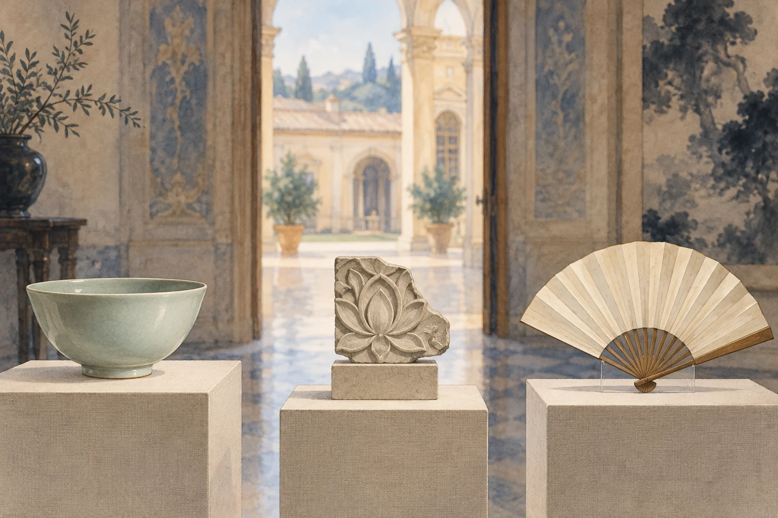 Editorial illustration of an imagined celadon bowl, carved lotus fragment and paper fan displayed separately in a palazzo-inspired room.