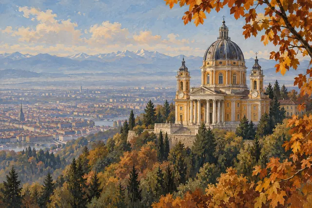 Gouache illustration of an ochre domed basilica on a wooded hill inspired by Superga above Turin.