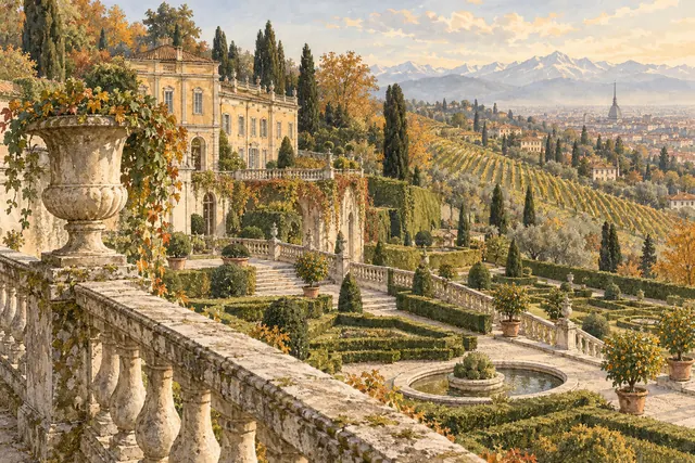 Watercolor illustration of a terraced garden, stone balustrade and vineyard inspired by Turin’s Villa della Regina.
