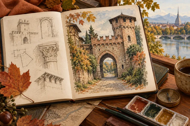 Gouache illustration of a sketchbook with a medieval-revival gateway study and autumn views inspired by Turin.