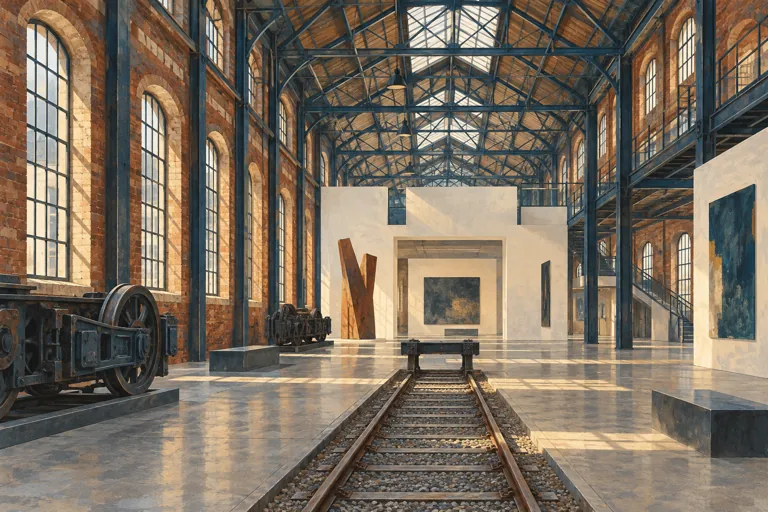 Interpretive gouache illustration of a brick railway workshop with steel roof trusses and gallery spaces inspired by Turin’s OGR.