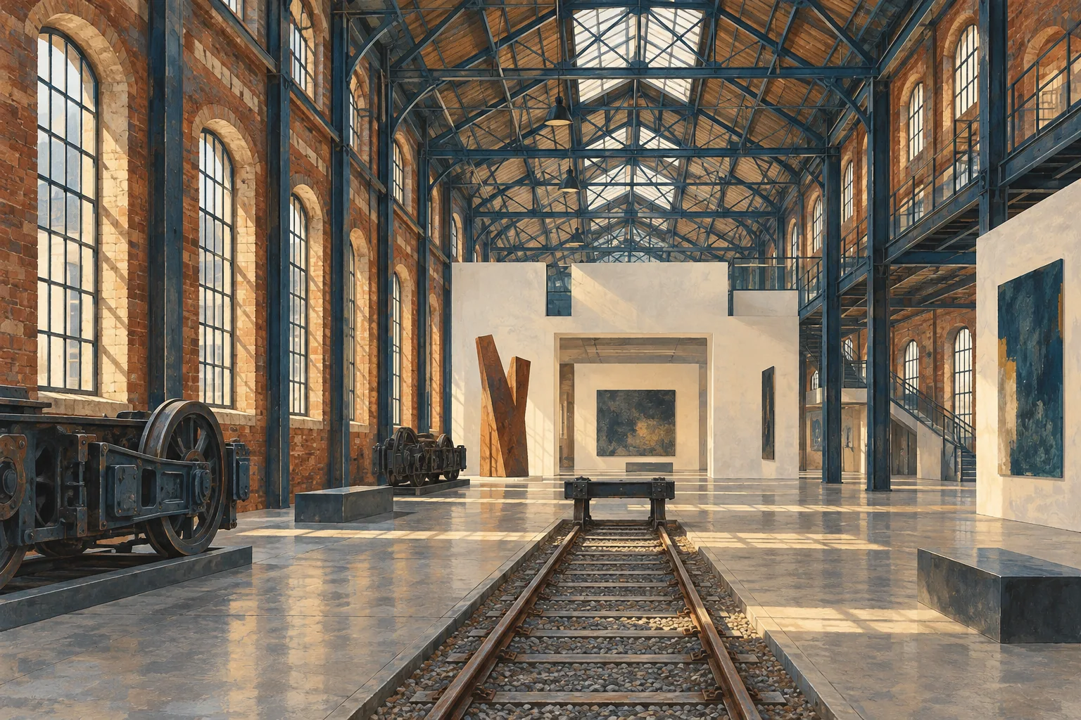 Interpretive gouache illustration of a brick railway workshop with steel roof trusses and gallery spaces inspired by Turin’s OGR.
