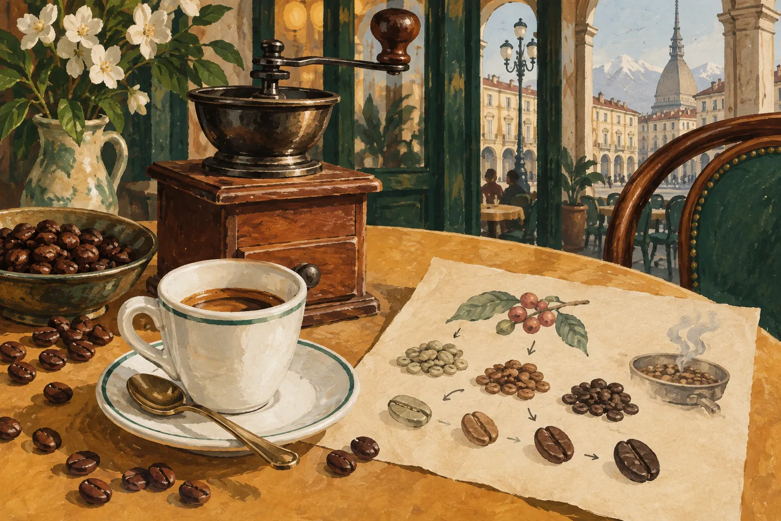 Editorial illustration of a coffee cup, grinder, roasted beans and an imagined display about coffee production in Turin.