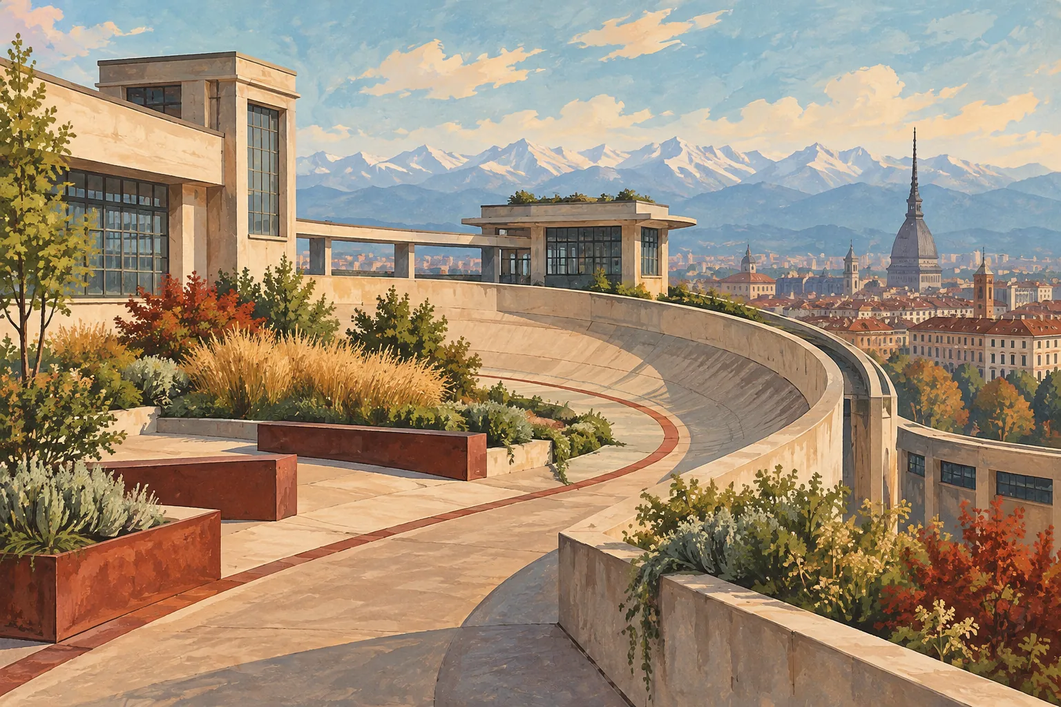 Conceptual gouache illustration of a curving former test track, rooftop planting and distant mountains inspired by Turin’s Lingotto.