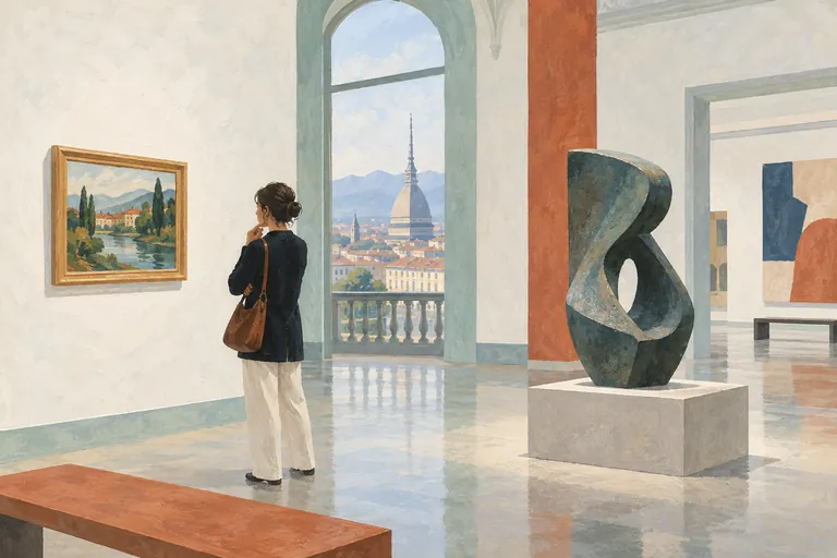 Editorial illustration of a visitor studying invented paintings and sculpture in an imagined modern-art gallery.
