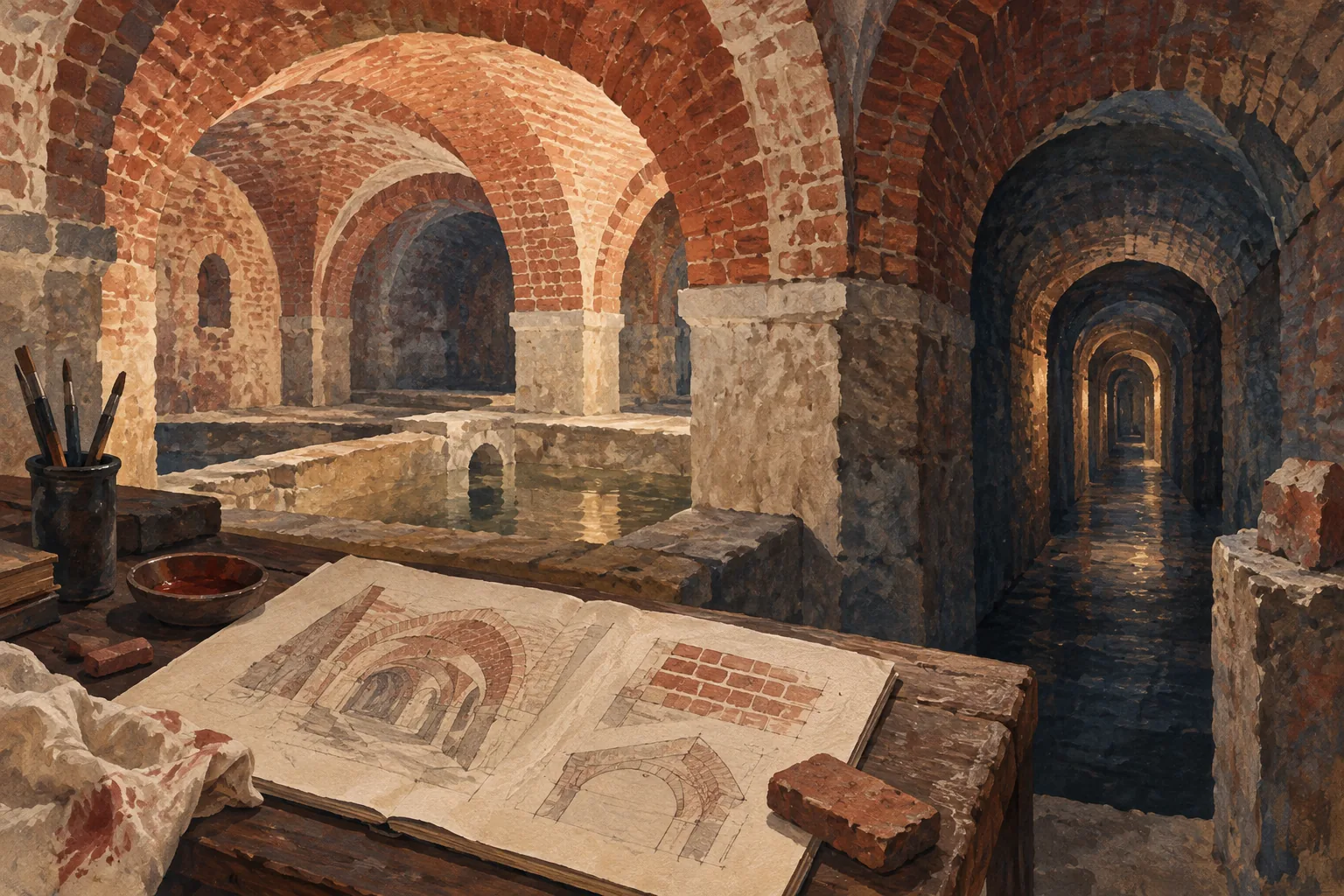 Conceptual illustration of brick-vaulted underground passages beside a notebook of masonry studies.