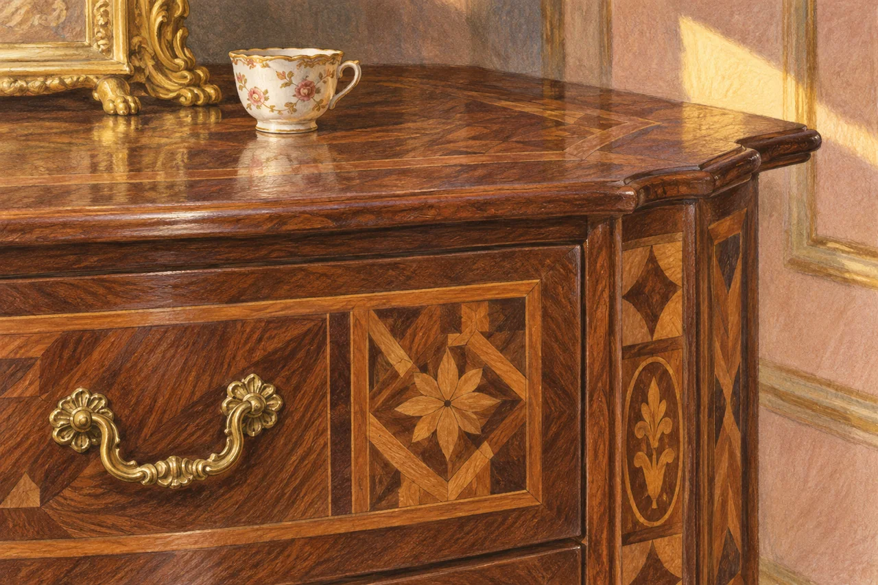 Original interpretive study of marquetry, a brass handle and a porcelain cup; the objects are not replicas of Accorsi-Ometto collection pieces.