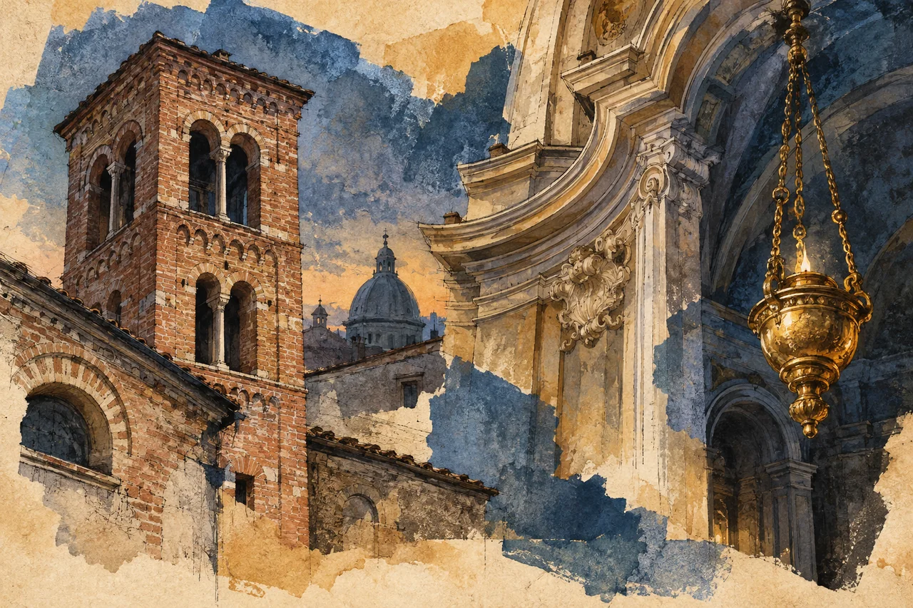 Interpretive watercolor collage of brick bell-tower forms, a curved church facade and a hanging lamp; not a reconstruction of the Consolata sanctuary.