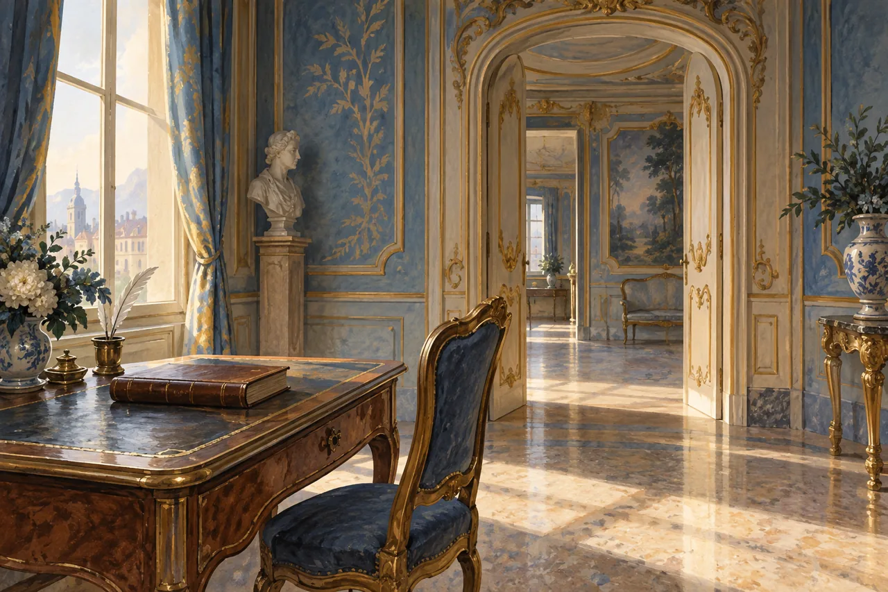 Conceptual gouache of an imagined blue-and-gold salon, writing table and empty chair, suggesting a historic residence rather than depicting a Palazzo Barolo room.