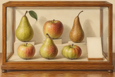 Coloured-pencil and gouache illustration of artificial apples and pears in a wooden display case, an imagined botanical study rather than actual museum specimens.