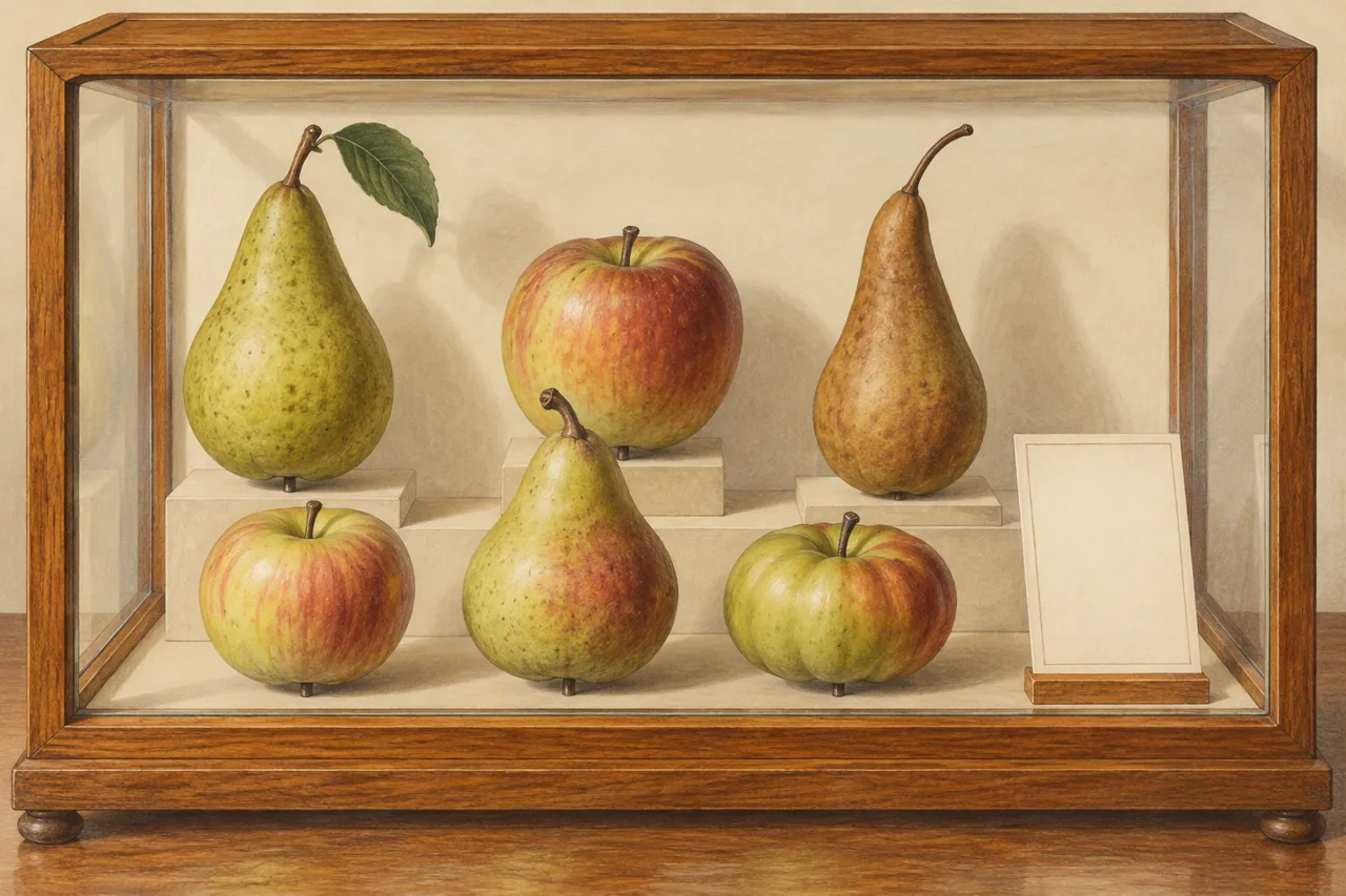 Coloured-pencil and gouache illustration of artificial apples and pears in a wooden display case, an imagined botanical study rather than actual museum specimens.