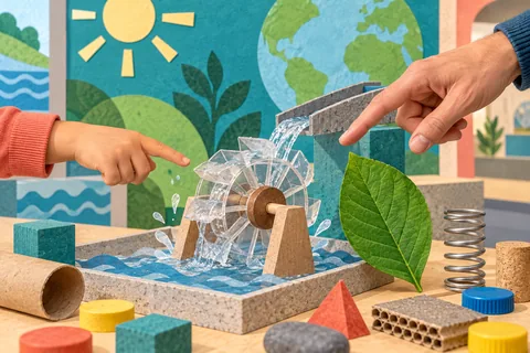 Conceptual mixed-media illustration of a child and adult pointing towards an invented water-wheel experiment, with reused materials and a leaf; not an actual MAcA exhibit.