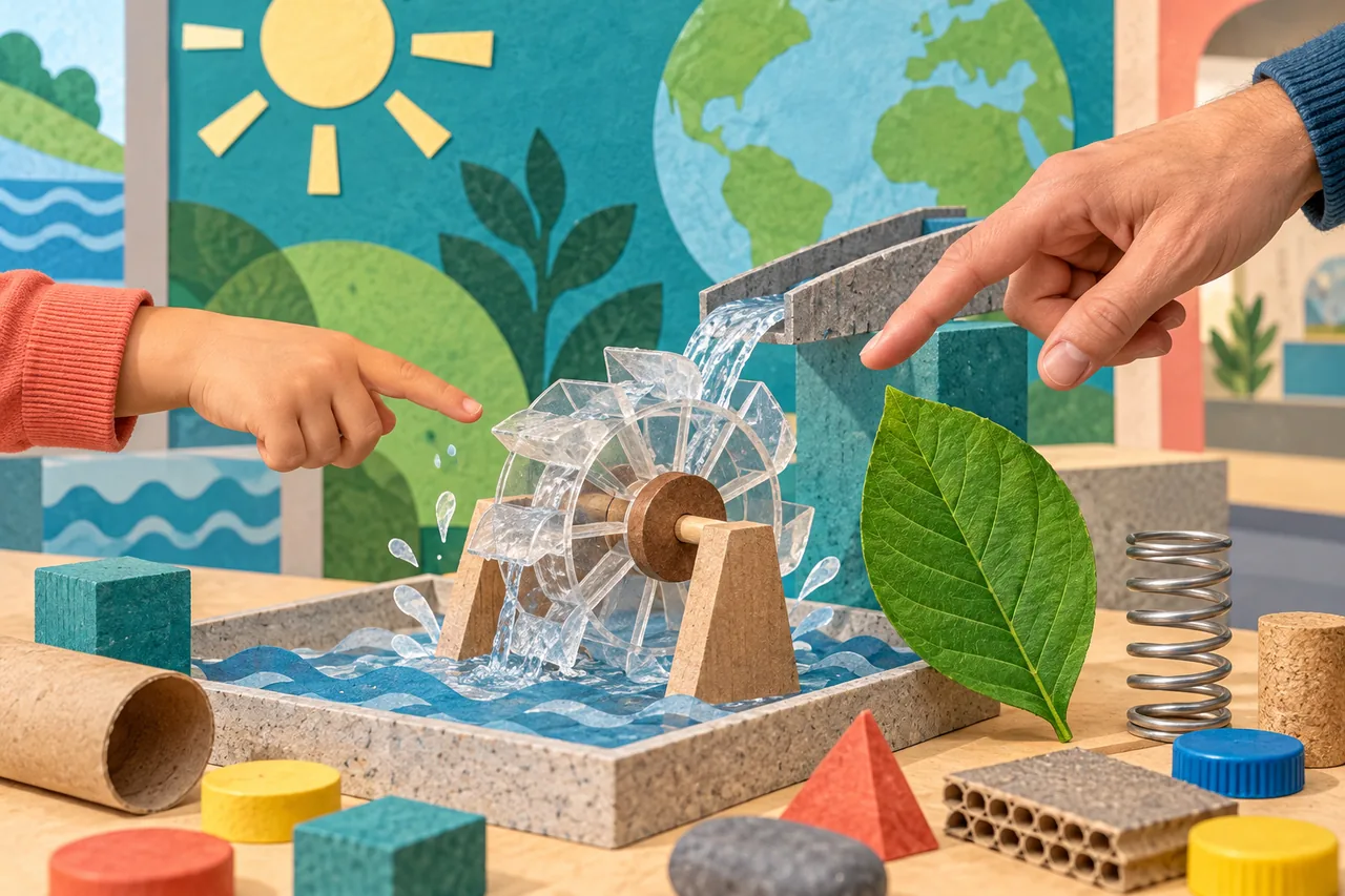 Conceptual mixed-media illustration of a child and adult pointing towards an invented water-wheel experiment, with reused materials and a leaf; not an actual MAcA exhibit.