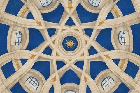 Conceptual linocut-style illustration of cream interlaced arches against blue windows, exploring dome geometry rather than reconstructing Turin’s San Lorenzo.