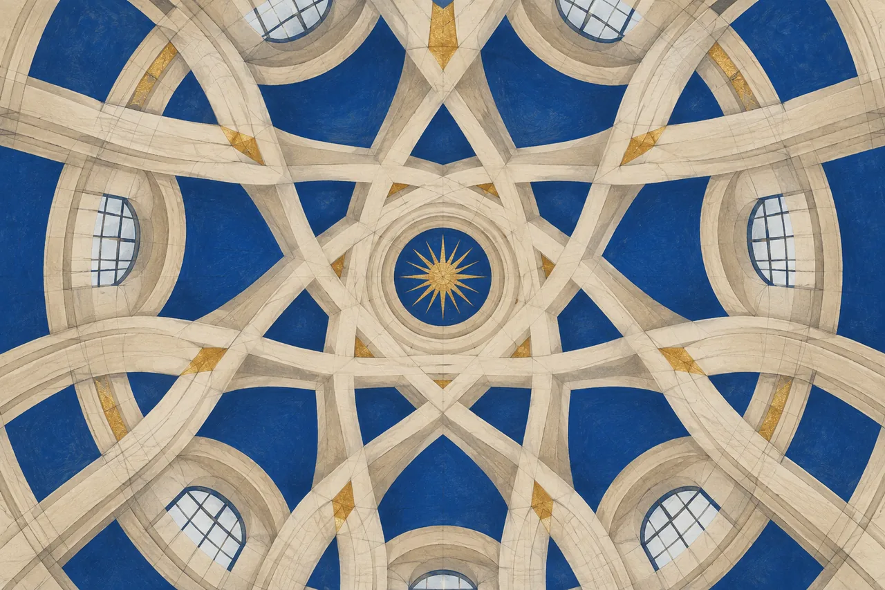 Conceptual linocut-style illustration of cream interlaced arches against blue windows, exploring dome geometry rather than reconstructing Turin’s San Lorenzo.