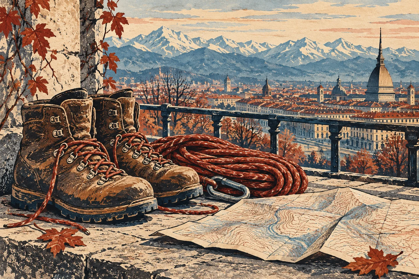 Linocut-style editorial illustration of old boots, coiled rope and a contour map above an imagined Turin skyline and Alpine ridge, not an actual museum display or guaranteed view.