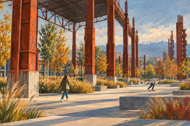 Gouache editorial illustration of red steel columns over an imagined postindustrial park, with autumn planting, a walker and a skateboarder; not a precise plan of Parco Dora.