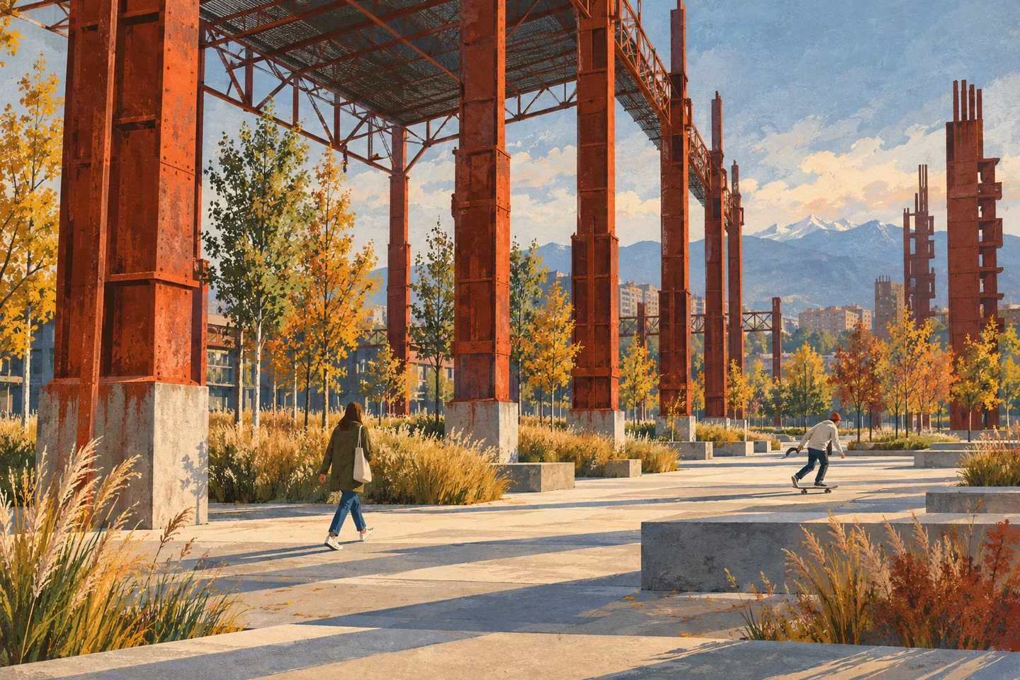 Gouache editorial illustration of red steel columns over an imagined postindustrial park, with autumn planting, a walker and a skateboarder; not a precise plan of Parco Dora.