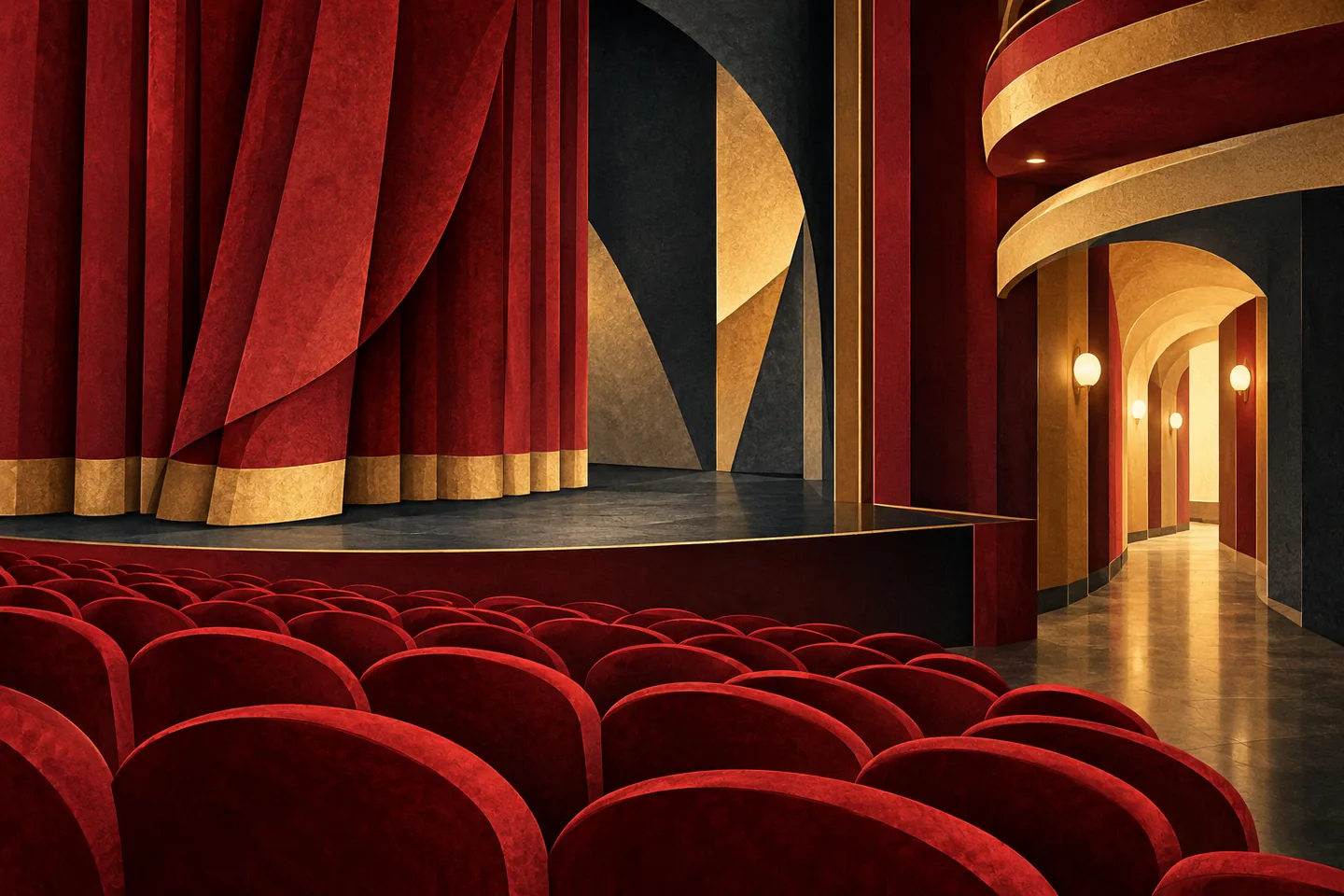 Painterly illustration of red auditorium seats, a folded stage curtain and a warmly lit corridor in an imagined theatre; not a factual depiction of Teatro Regio.