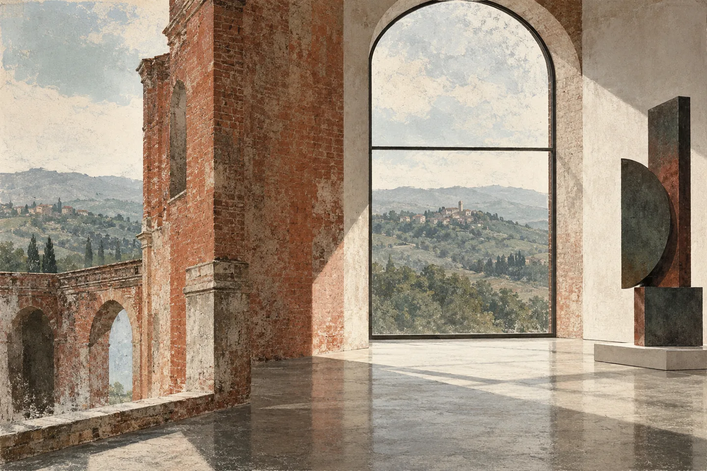 Conceptual gouache and print-style illustration combining a brick palace fragment, gallery window and invented geometric sculpture with a Piedmont horizon; not an actual museum view.